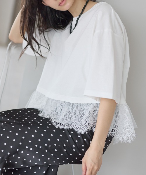 amini(アミニ)の「チュールレースレイヤードカットソー(Tシャツ/カットソー・レディース・オフホワイト/ブラック/イエロー・MEDIUM)」の12枚目の写真