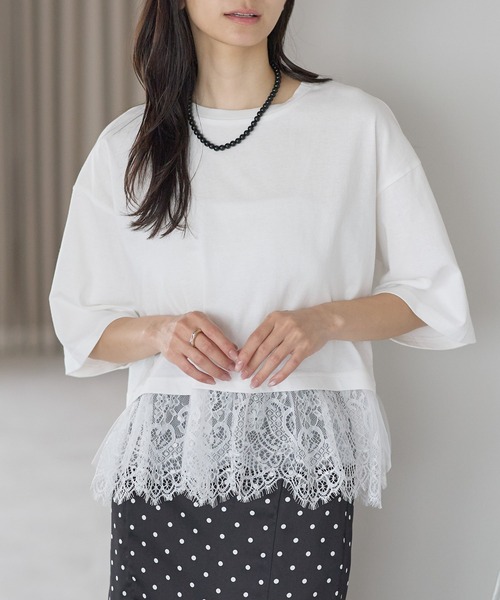 amini(アミニ)の「チュールレースレイヤードカットソー(Tシャツ/カットソー・レディース・オフホワイト/ブラック/イエロー・MEDIUM)」の4枚目の写真