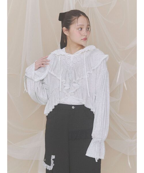 merry jenny(メリージェニー)の「フードレーストップス(Tシャツ/カットソー・レディース・ピンク/オフホワイト・FREE)」の5枚目の写真