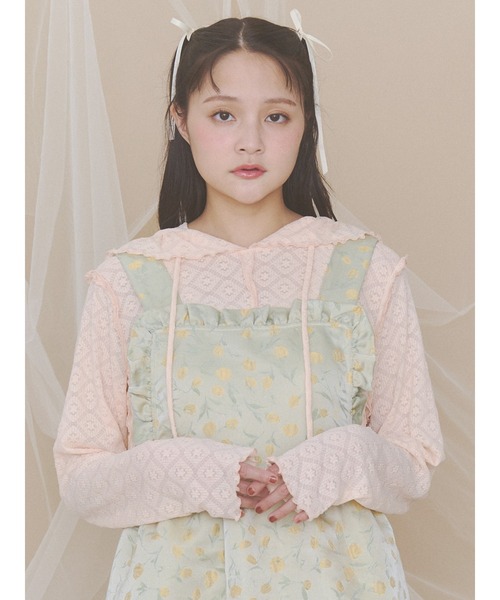 merry jenny(メリージェニー)の「フードレーストップス(Tシャツ/カットソー・レディース・ピンク/オフホワイト・FREE)」の2枚目の写真