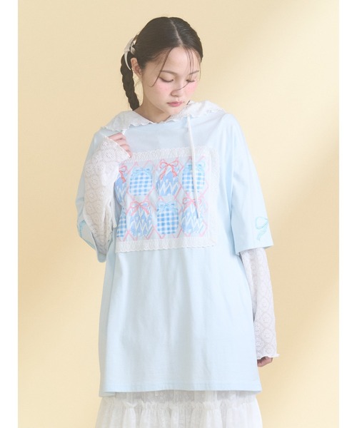 merry jenny(メリージェニー)の「フードレーストップス(Tシャツ/カットソー・レディース・ピンク/オフホワイト・FREE)」の6枚目の写真