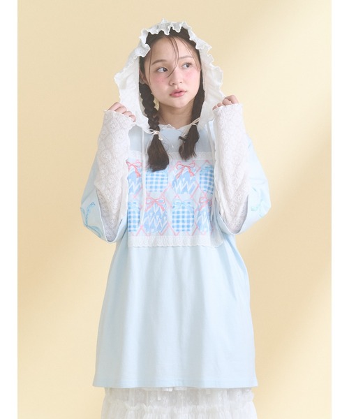 merry jenny(メリージェニー)の「フードレーストップス(Tシャツ/カットソー・レディース・ピンク/オフホワイト・FREE)」の7枚目の写真