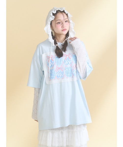 merry jenny(メリージェニー)の「フードレーストップス(Tシャツ/カットソー・レディース・ピンク/オフホワイト・FREE)」の3枚目の写真