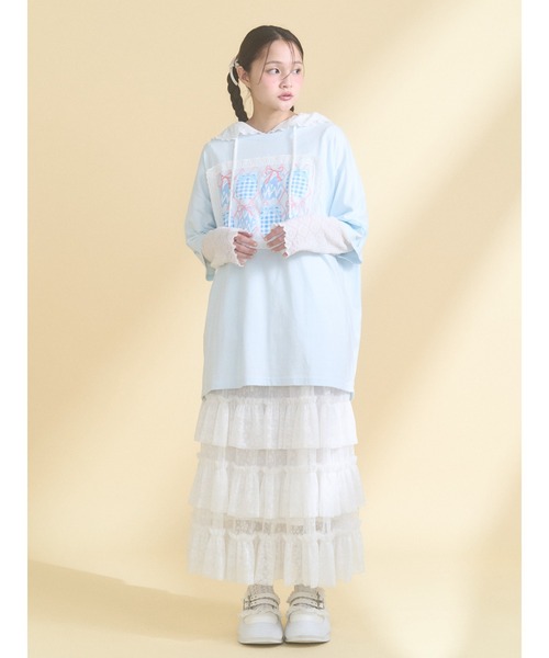 merry jenny(メリージェニー)の「フードレーストップス(Tシャツ/カットソー・レディース・ピンク/オフホワイト・FREE)」の4枚目の写真