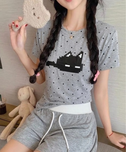 LADY LIKE(レディライク)の「2点セット ドットキャットプリントTシャツ&ショートパンツセット(Tシャツ/カットソー・レディース・グレー/ホワイト・M)」の7枚目の写真