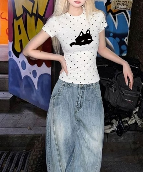 LADY LIKE(レディライク)の「2点セット ドットキャットプリントTシャツ&ショートパンツセット(Tシャツ/カットソー・レディース・グレー/ホワイト・M)」の12枚目の写真