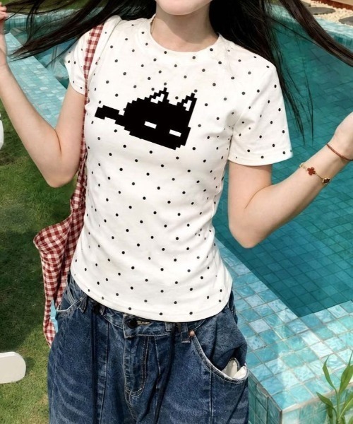 LADY LIKE(レディライク)の「2点セット ドットキャットプリントTシャツ&ショートパンツセット(Tシャツ/カットソー・レディース・グレー/ホワイト・M)」の13枚目の写真