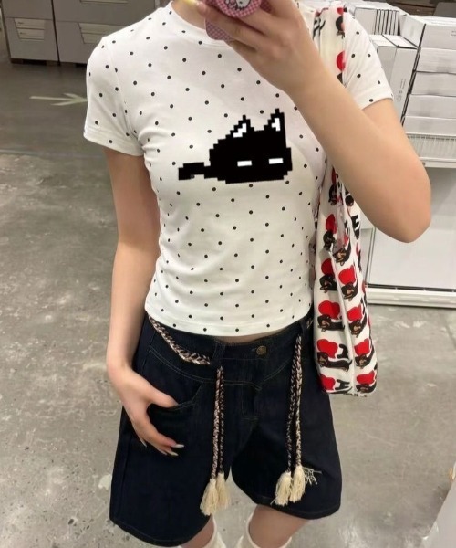 LADY LIKE(レディライク)の「2点セット ドットキャットプリントTシャツ&ショートパンツセット(Tシャツ/カットソー・レディース・グレー/ホワイト・M)」の14枚目の写真