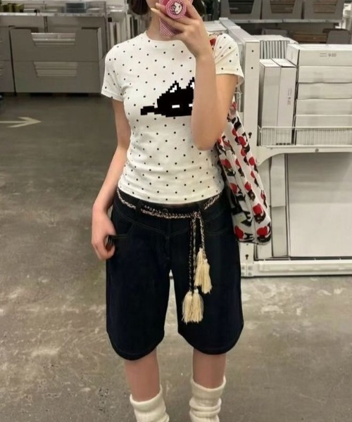 LADY LIKE(レディライク)の「2点セット ドットキャットプリントTシャツ&ショートパンツセット(Tシャツ/カットソー・レディース・グレー/ホワイト・M)」の15枚目の写真