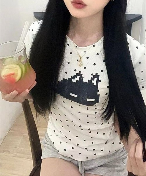 LADY LIKE(レディライク)の「2点セット ドットキャットプリントTシャツ&ショートパンツセット(Tシャツ/カットソー・レディース・グレー/ホワイト・M)」の17枚目の写真