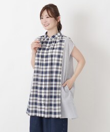 チェック柄フレンチスリーブチュニックシャツ