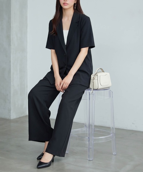 DRESS PLUS(ドレスプラス)の「襟付きジャケット ワイドパンツ セットアップ(セットアップ・レディース・ネイビー/ブラック/ピンクベージュ・M)」の5枚目の写真