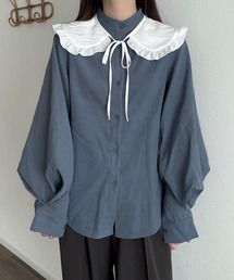 バンドカラーバルーンスリーブシンプルシャツ