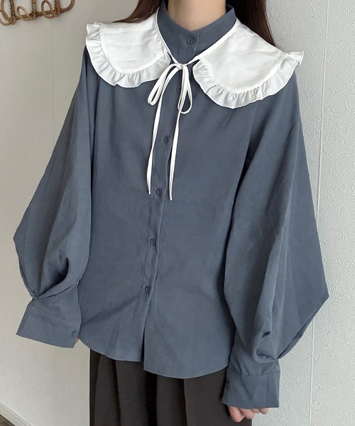 Cham.(チャム)の「バンドカラーバルーンスリーブシンプルシャツ(シャツ/ブラウス・レディース・ホワイト/ブラック/ブルー・FREE)」の13枚目の写真