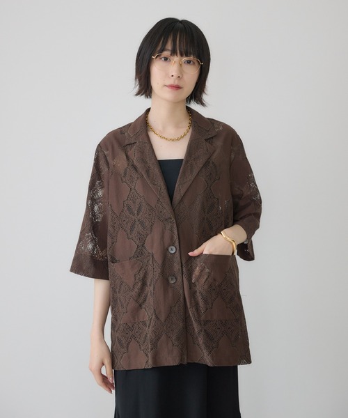 Paradise Picnic（パラダイスピクニック）の「cloche レース生地5分袖ジャケット（テーラードジャケット・レディース・ブラウン/ブラック・FREE）」の5枚目の写真