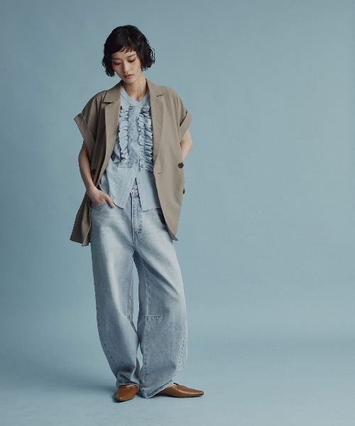 W:Huku(フーク)の「ミックスガーゼボリュームフリルノースリーブブラウス / Mixed-Gauze Voluminous Frill Sleeveless Blouse(シャツ/ブラウス・レディース・ブルー/ホワイト/ブラック・FREE)」の19枚目の写真