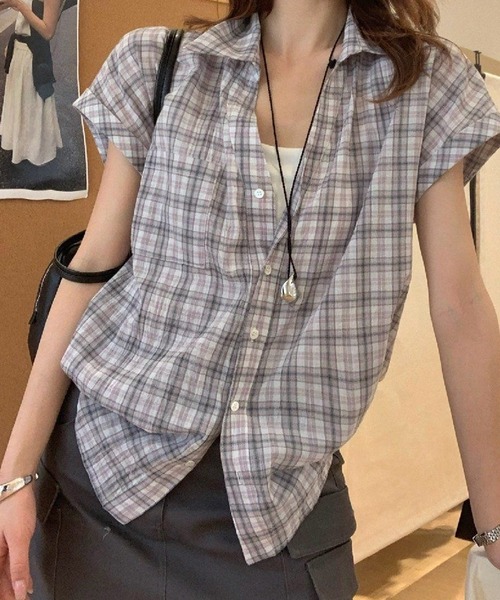 AsheKsha(アシクシャ)の「チェック柄の襟付き半袖シャツ(シャツ/ブラウス・レディース・オレンジ/グレー・M)」の5枚目の写真