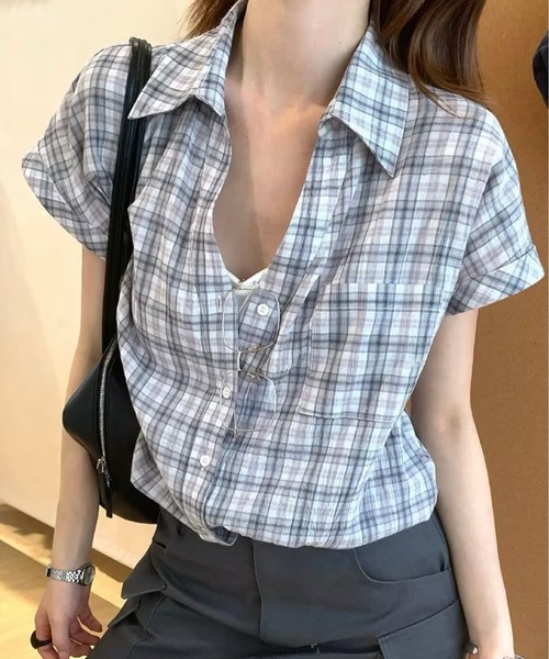 AsheKsha(アシクシャ)の「チェック柄の襟付き半袖シャツ(シャツ/ブラウス・レディース・オレンジ/グレー・M)」の11枚目の写真
