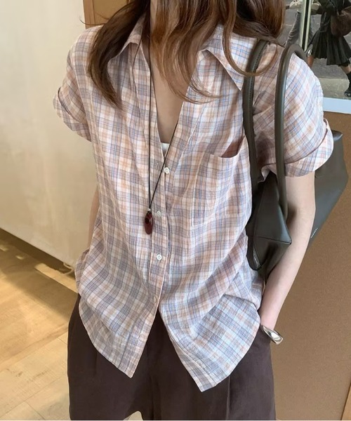 AsheKsha(アシクシャ)の「チェック柄の襟付き半袖シャツ(シャツ/ブラウス・レディース・オレンジ/グレー・M)」の19枚目の写真