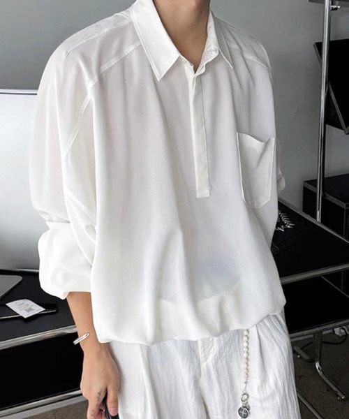 NOWLE(ノウル)の「【NOWLE】とろみ素材 ハーフボタン プルオーバー長袖シャツ / ルーズシルエット 裾リブ ギミックトップス(シャツ/ブラウス・メンズ・ブラック/ホワイト・LARGE/MEDIUM)」の21枚目の写真