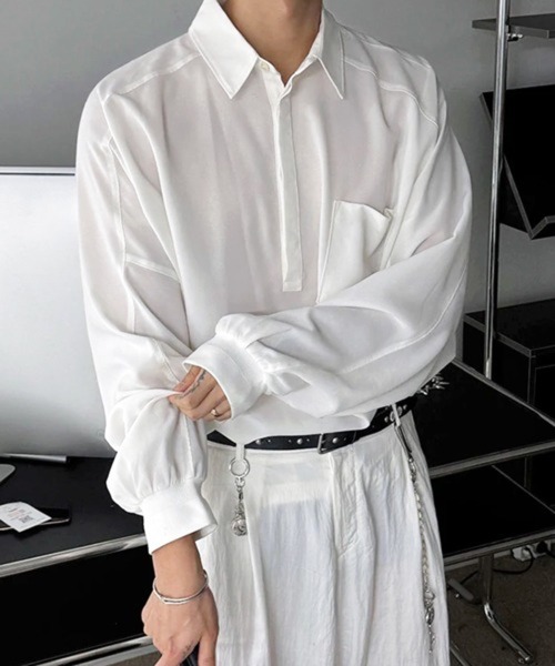 NOWLE(ノウル)の「【NOWLE】とろみ素材 ハーフボタン プルオーバー長袖シャツ / ルーズシルエット 裾リブ ギミックトップス(シャツ/ブラウス・メンズ・ブラック/ホワイト・LARGE/MEDIUM)」の22枚目の写真