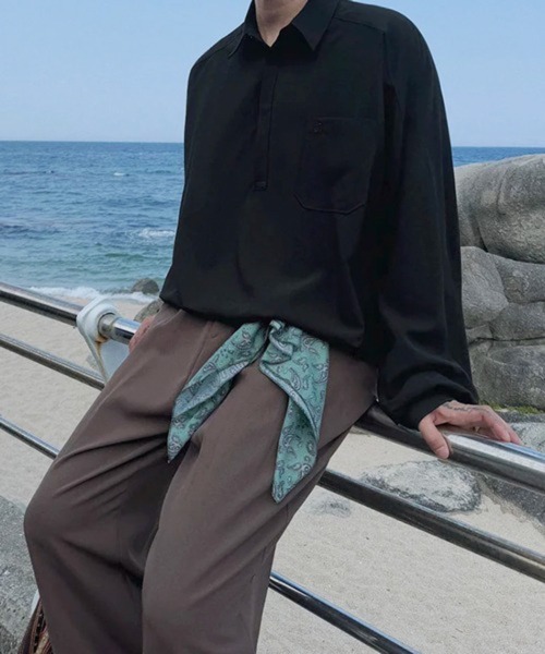 NOWLE(ノウル)の「【NOWLE】とろみ素材 ハーフボタン プルオーバー長袖シャツ / ルーズシルエット 裾リブ ギミックトップス(シャツ/ブラウス・メンズ・ブラック/ホワイト・LARGE/MEDIUM)」の6枚目の写真