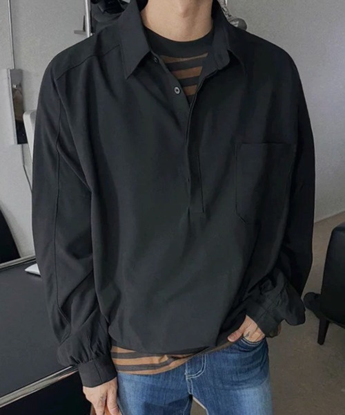 NOWLE(ノウル)の「【NOWLE】とろみ素材 ハーフボタン プルオーバー長袖シャツ / ルーズシルエット 裾リブ ギミックトップス(シャツ/ブラウス・メンズ・ブラック/ホワイト・LARGE/MEDIUM)」の9枚目の写真