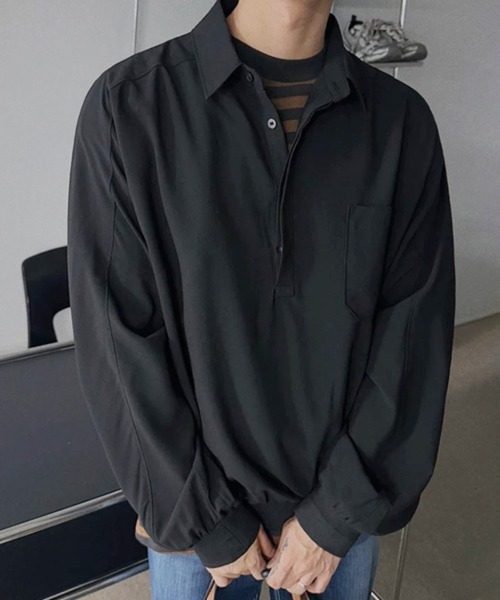 NOWLE(ノウル)の「【NOWLE】とろみ素材 ハーフボタン プルオーバー長袖シャツ / ルーズシルエット 裾リブ ギミックトップス(シャツ/ブラウス・メンズ・ブラック/ホワイト・LARGE/MEDIUM)」の10枚目の写真