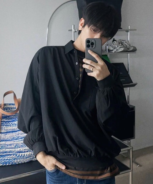 NOWLE(ノウル)の「【NOWLE】とろみ素材 ハーフボタン プルオーバー長袖シャツ / ルーズシルエット 裾リブ ギミックトップス(シャツ/ブラウス・メンズ・ブラック/ホワイト・LARGE/MEDIUM)」の11枚目の写真