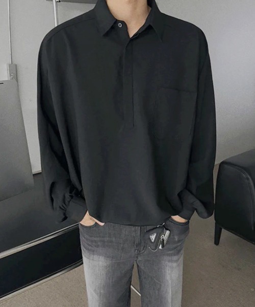 NOWLE(ノウル)の「【NOWLE】とろみ素材 ハーフボタン プルオーバー長袖シャツ / ルーズシルエット 裾リブ ギミックトップス(シャツ/ブラウス・メンズ・ブラック/ホワイト・LARGE/MEDIUM)」の13枚目の写真