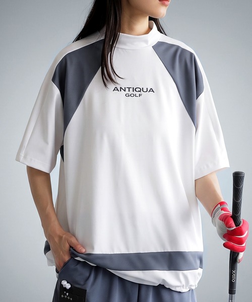 antiqua(アンティカ)の「【STCH】吸湿速乾 ストレッチ モックネック ロゴT(Tシャツ/カットソー・レディース・グレー系その他/グリーン系その他・LXL/ML)」の1枚目の写真