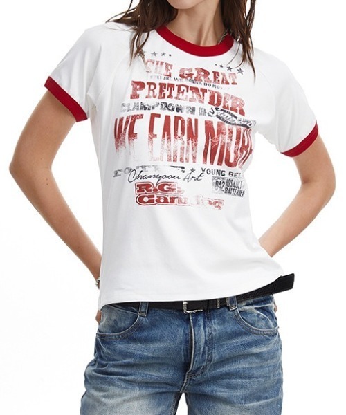 SHEPP（シープ）の「ヴィンテージライク グランジプリント リンガーTシャツ 半袖T（Tシャツ/カットソー・レディース・ホワイト・L/M）」の2枚目の写真