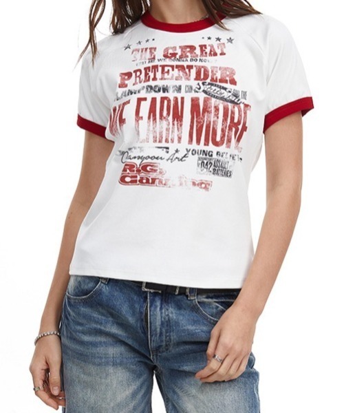 SHEPP（シープ）の「ヴィンテージライク グランジプリント リンガーTシャツ 半袖T（Tシャツ/カットソー・レディース・ホワイト・L/M）」の3枚目の写真