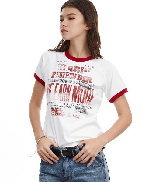 SHEPP（シープ）の「ヴィンテージライク グランジプリント リンガーTシャツ 半袖T（Tシャツ/カットソー・レディース・ホワイト・L/M）」の4枚目の写真