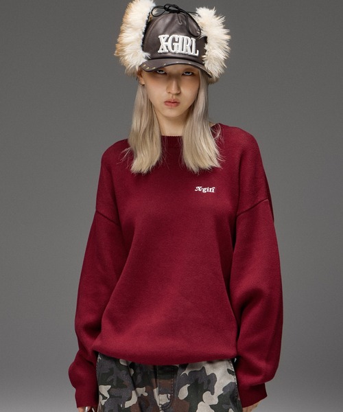X-girl(エックスガール)の「CAMO FACE AND LOGO JACQUARD KNIT TOP(ニット/セーター・レディース・オフホワイト/バーガンディー/ブラック・ONE SIZE)」の10枚目の写真