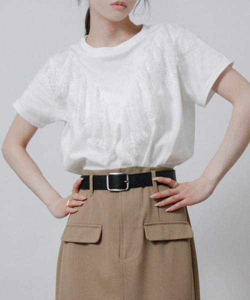 NYLAUS(ナイラス)の「【SG】フリル レース Tシャツ 半袖(Tシャツ/カットソー・レディース・ブラック/オフホワイト・M)」の5枚目の写真