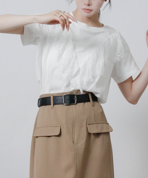 NYLAUS(ナイラス)の「【SG】フリル レース Tシャツ 半袖(Tシャツ/カットソー・レディース・ブラック/オフホワイト・M)」の6枚目の写真