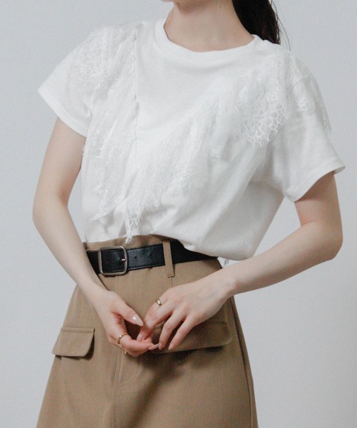 NYLAUS(ナイラス)の「【SG】フリル レース Tシャツ 半袖(Tシャツ/カットソー・レディース・ブラック/オフホワイト・M)」の8枚目の写真