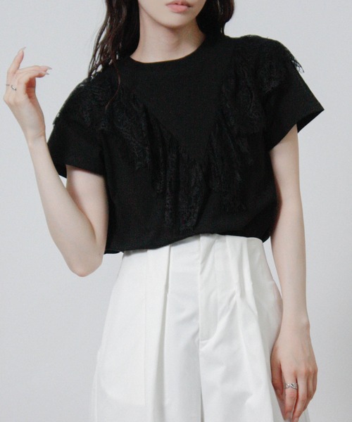 NYLAUS(ナイラス)の「【SG】フリル レース Tシャツ 半袖(Tシャツ/カットソー・レディース・ブラック/オフホワイト・M)」の13枚目の写真