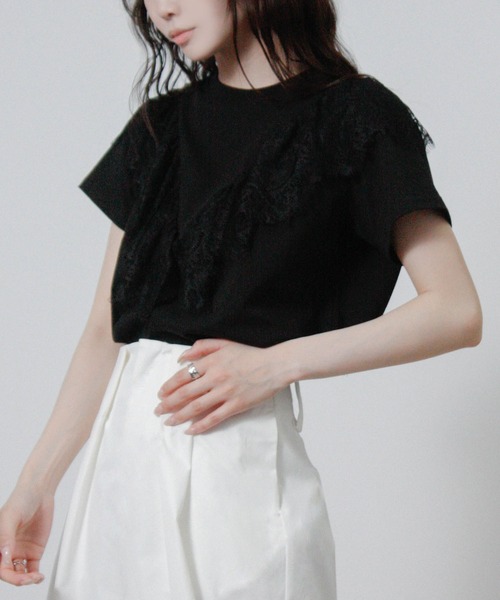 NYLAUS(ナイラス)の「【SG】フリル レース Tシャツ 半袖(Tシャツ/カットソー・レディース・ブラック/オフホワイト・M)」の15枚目の写真
