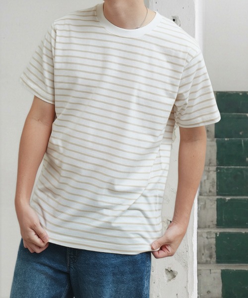 NILWAY(ニルウェイ)の「USAコットン 天竺ポケット付き半袖Tシャツ &&ボーダーTシャツ(Tシャツ/カットソー・メンズ・ホワイト系1/ブラウン/ホワイト系/レッド/ブルー/イエロー/オフホワイト/ブラック系/グレー系/ブラック/グレー・MEDIUM/X-LARGE/LARGE)」の2枚目の写真
