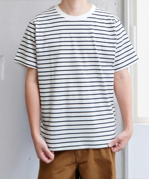 NILWAY(ニルウェイ)の「USAコットン 天竺ポケット付き半袖Tシャツ &&ボーダーTシャツ(Tシャツ/カットソー・メンズ・ホワイト系1/ブラウン/ホワイト系/レッド/ブルー/イエロー/オフホワイト/ブラック系/グレー系/ブラック/グレー・MEDIUM/X-LARGE/LARGE)」の3枚目の写真