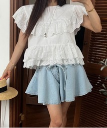 ベルト付きフレアデニムショートパンツ