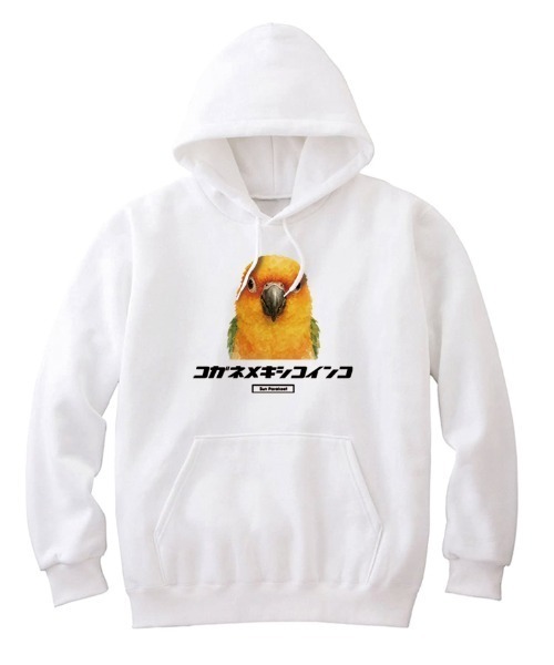Moftique(モフティック)の「Moftique(モフティック) プルパーカー スウェット 裏毛 コガネメキシコインコ 鳥 ペット アニマル プリント トップス メンズ ユニセックス(パーカー・メンズ・ホワイト/ブラック/ヘザーグレー・M/L/XL)」の2枚目の写真