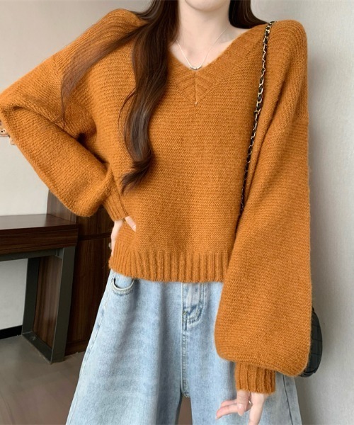 AMAJI(アマジ)の「Vネック ショート丈 ニットトップス(ニット/セーター・レディース・ベージュ/パープル/イエロー/ライトピンク・FREE)」の1枚目の写真