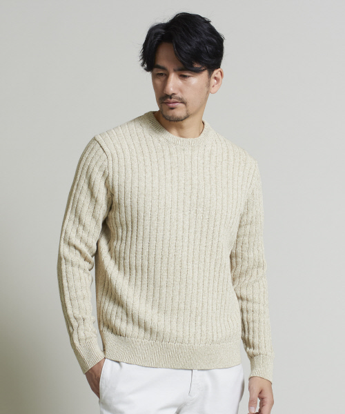 DESIGNWORKS(デザインワークス)の「インポート糸クルーネックニット(ニット/セーター・メンズ・ベージュ/ダークネイビー・S/M/L)」の1枚目の写真