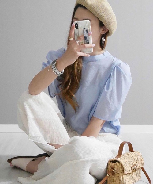 CORNERS（コーナーズ）の「【インフルエンサーmiiさん×CORNERSコラボ】スタンドカラー2wayチュニックブラウス（シャツ/ブラウス・レディース・ベージュ/オフホワイト/ブラック/ブルー/ミント・M）」の5枚目の写真