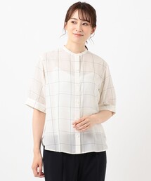 【洗える】キュプラストライプ&チェック バンドカラー ブラウス