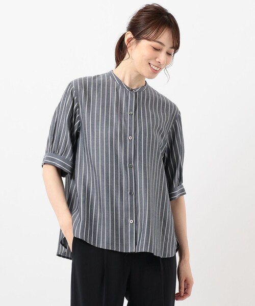 J.PRESS（ジェイプレス）の「【洗える】キュプラストライプ＆チェック バンドカラー ブラウス（シャツ/ブラウス・レディース・ホワイト系3/ネイビー系1/ネイビー系3・11/9）」の2枚目の写真