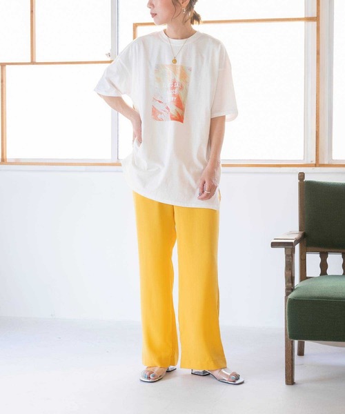 bohmal（ボマール）の「リネン風フレアカラーパンツ（スラックス・レディース・イエロー/グリーン・MEDIUM/LARGE）」の4枚目の写真